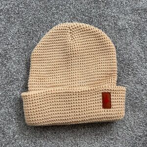 Makers Mark Neutral Waffle Knit Beanie with Red Patch